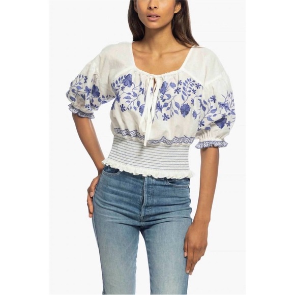 SHOSHANNA | NWT $378 Diego Linen Embroidered Top in White/Blue, Size Medium - Picture 9 of 9